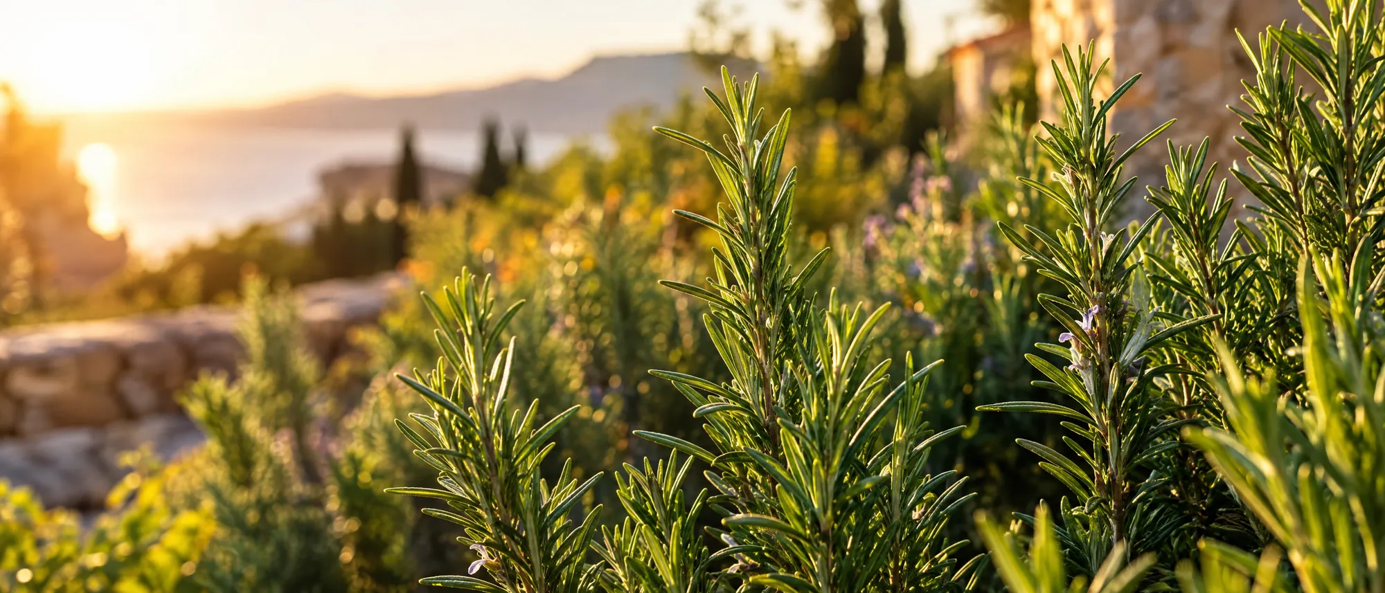 Rosemary growing in a sunlit Mediterranean herb garden