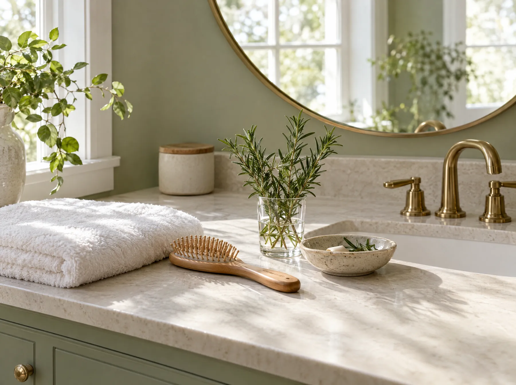 A bathroom vanity with a folded towel, a wooden brush, rosemary in a glass and a ceramic dish