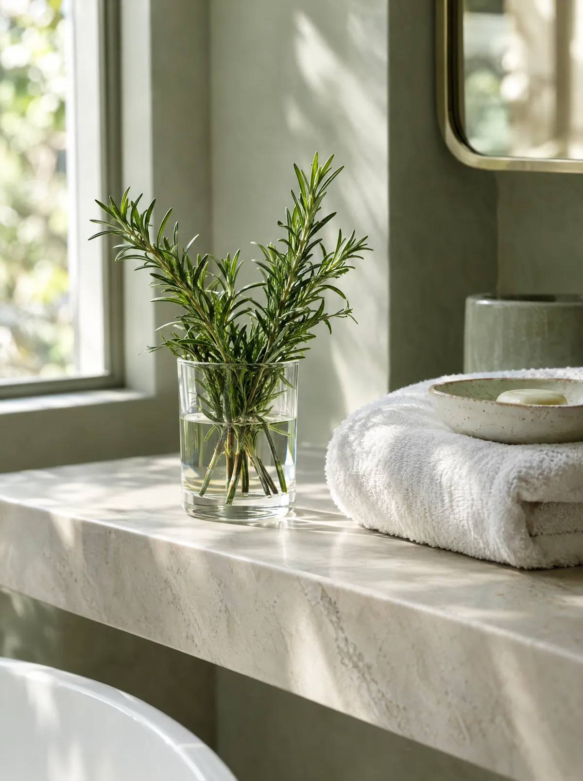 Fresh rosemary in a glass on a sunlit bathroom shelf beside a folded towel